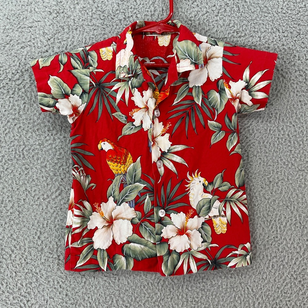 Unbranded Hawaiian Shirt Kids 4T Red Tropical Parrot Hibiscus Tropical Aloha